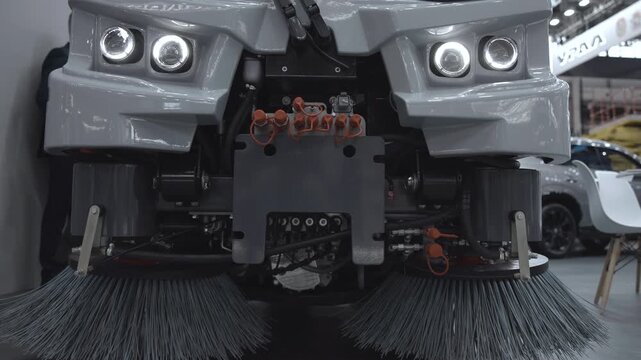 Front-facing industrial street sweeper display with twin circular lights, broad gray brush assemblies, exposed hydraulic hardware, and heavy central mount inside bright trade show hall