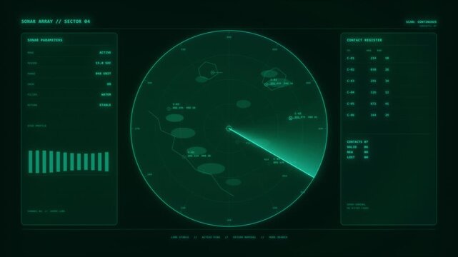 Digital sonar array screen in green, displaying naval tracking with a sweeping line detecting multiple contacts. The interface suggests underwater surveillance and marine navigation. For maritime.
