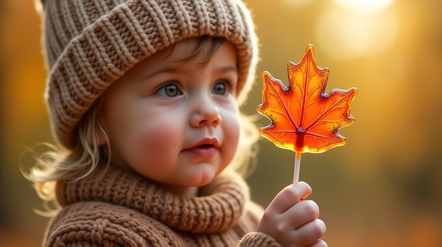 Close-up of a child in a knitted hat and sweater holding a maple leaf lollipop in an autumn park. Autumn walk of a child in the autumn forest