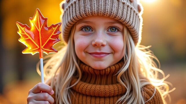 A little girl in a knitted hat and sweater holds a lollipop on a stick in the shape of a maple leaf in an autumn park  for children's brands and autumn advertising campaigns