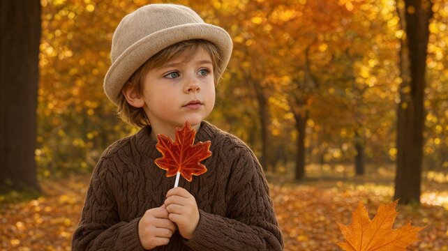 Little boy in a knitted sweater and hat on a walk in an autumn park holding a caramel maple leaf on a stick