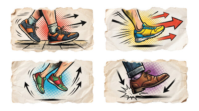Vintage comic style human feet walking running and jumping action elements set on transparent background