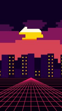 Retrofuturistic pixel art cityscape with neon grid and vibrant sunset in 1980s style