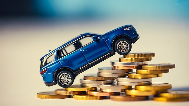 Blue car balanced on stacks of coins representing vehicle finance and investment