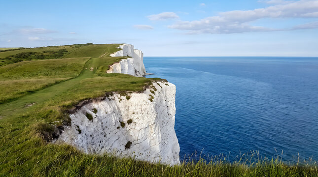 White chalk cliffs of dover overlooking the blue english channel sea