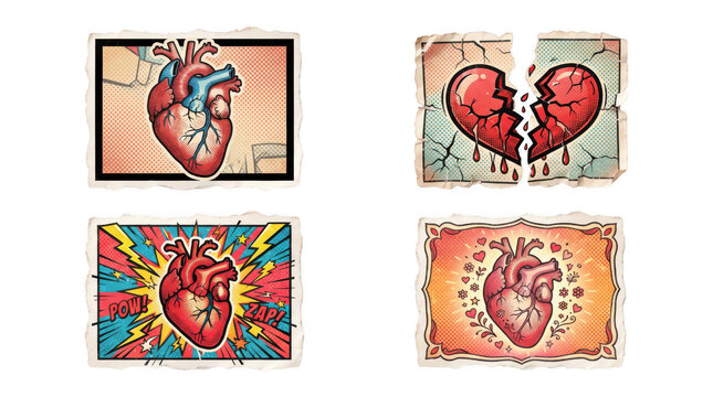 Set of artistic illustrations depicting human anatomical heart in vintage pop art style on transparent background