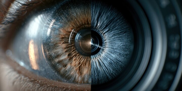 Close up of human eye with a split design and camera lens reflection concept
