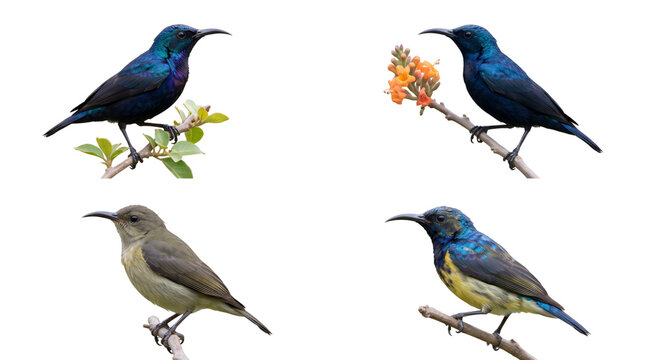 Sunbirds in Grid Layout, Vibrant Purple and Blue Plumage with Green Foliage and Orange Blossoms. a Colorful Bird Illustration.