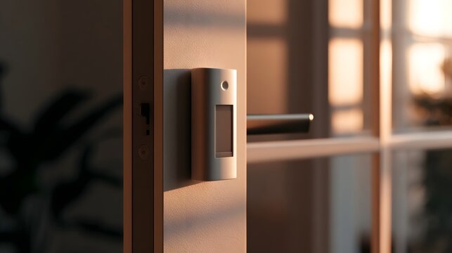 Modern door sensor mounted on interior wall beside handle under warm sunlight casting soft shadows