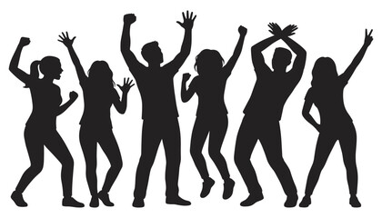 Fototapeta premium Group of People Dancing Silhouette Set with Men and Women Celebrating in Energetic Poses for Party, Festival, and Celebration Designs