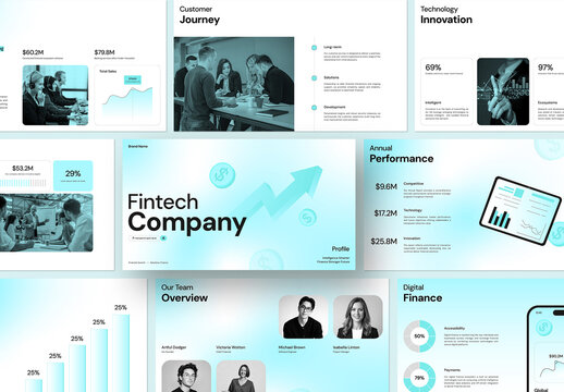 Modern Fintech Company Presentation Template with Cyan Blue Gradient Accents