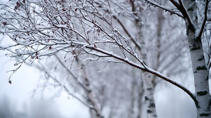 Obraz premium Snow delicately coats bare branches of birch trees against a soft hazy winter backdrop under natural light