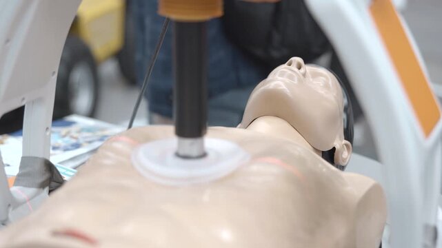 Medical training mannequin with chest compression during emergency simulation inside clinical room, featuring smooth face mask, support stand, monitoring device, and sterile bright lighting