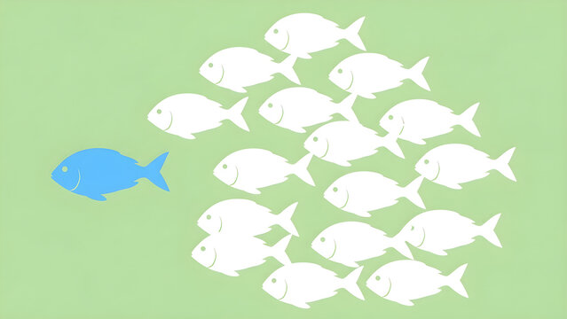 A conceptual illustration of a single blue fish leading a school of white fish representing leadership and standing out from the crowd