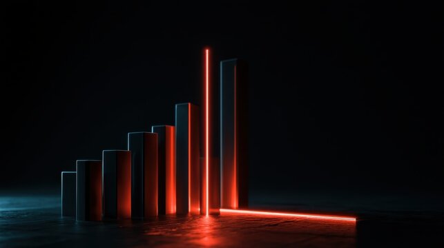 Futuristic dark background with glowing red vertical and horizontal light bars creating a three-dimensional geometric structure and reflection on wet surface