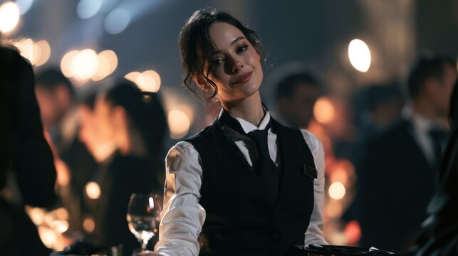 Young beautiful female bartender serving drinks to customers in a dimly lit sophisticated bar with blurred social crowd background and elegant atmosphere