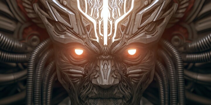 Abstract mechanical face with glowing eyes futuristic design and intricate details