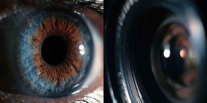 Close up of human eye with detailed iris and lens of a camera macro photography