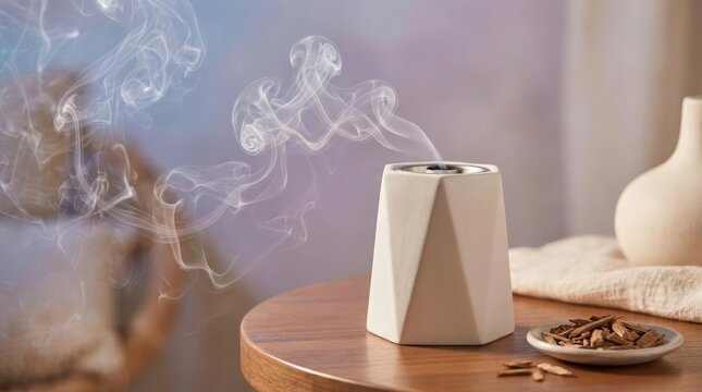 Ceramic aromatherapy diffuser with white vapor on wooden table.
