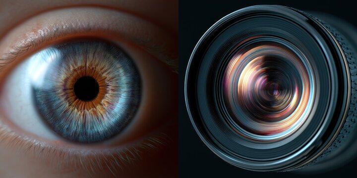 Close up of human eye and camera lens highlighting detail and visual texture isolated on black