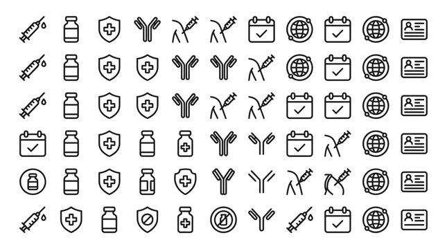 Comprehensive Collection of Medical Healthcare and Vaccination Outline Icons for Clinical Records and Wellness Tracking