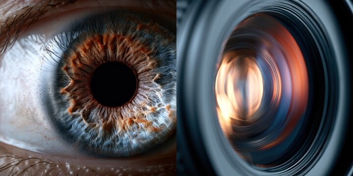 Close up of an eye and camera lens capturing detail and visual textures with lighting