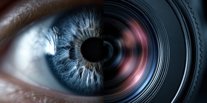 Eye merges with camera lens representing visual perception and photography concept