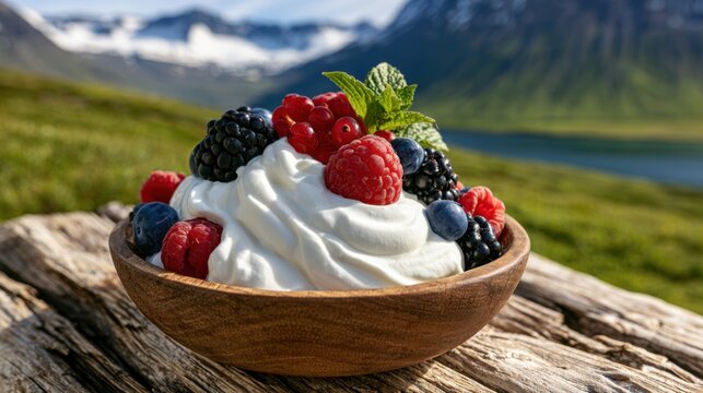 Fresh mixed berry assortment with creamy yogurt served in wooden bowl on rustic table in scenic mountain landscape with clear sky and green valley background