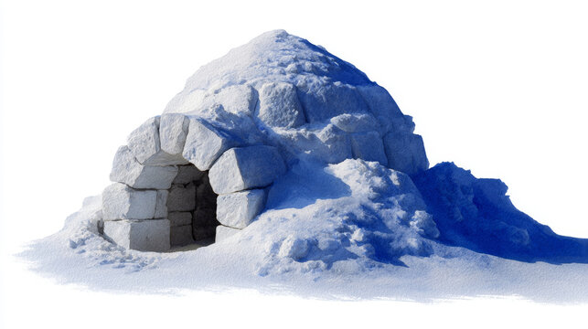 Snow igloo stands prominently pure white background. Intricate snow details reveal winter dwelling. Structure evokes feelings of peaceful solitude, warmth amidst frozen landscape, testament to