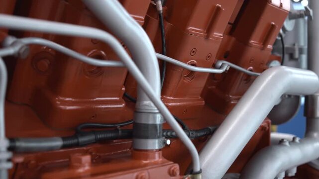 Close-up industrial machinery with rust-red housings, silver pipes, black cables, bolts, fittings, and layered mechanical parts inside factory setting, lit softly for utilitarian technical detail
