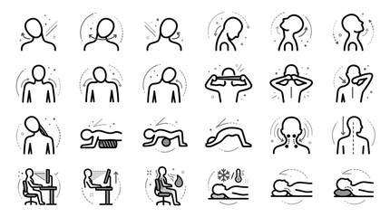 Fototapeta premium Neck exercise and posture correction vector icons showcasing cervical spine stretches, ergonomic sitting positions and neck pain relief, concept for health illustration and body care