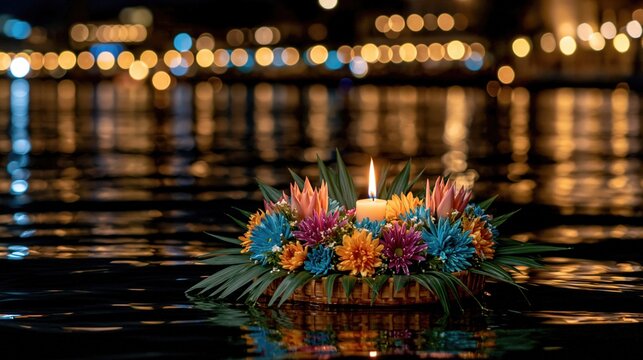 Simple rustic traditional krathong with lit candle drifting on water