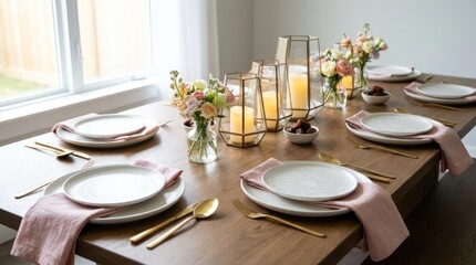 Fototapeta premium Elegant dining table set with candles for festive celebration.