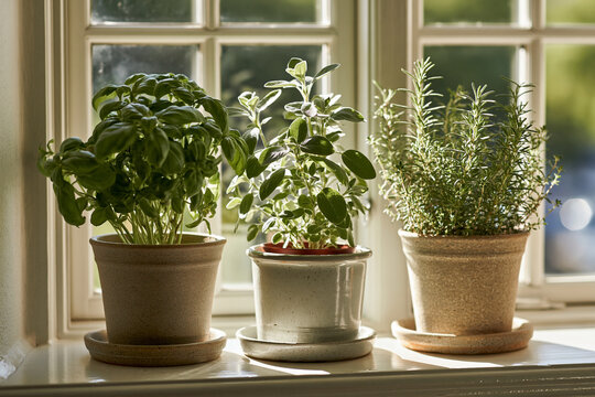 Fresh Potted Herbs Growing on a Sunlit Windowsill