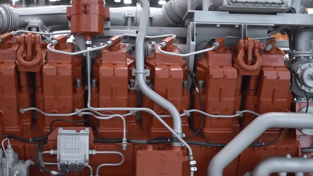 Industrial engine machinery with red painted blocks, silver pipes, hoses, cables, and control housings in bright technical interior, revealing layered metal structure, precision assembly, and dense