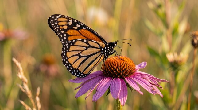 Monarch butterfly resting on a purple coneflower in a field during golden hour