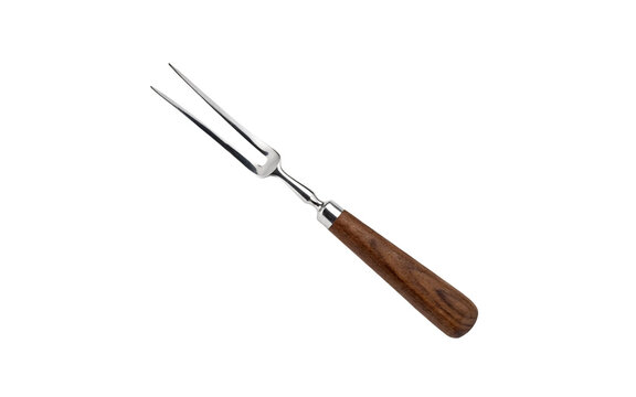 Handheld kitchen tool with wooden handle and two metal prongs for serving or grilling food items