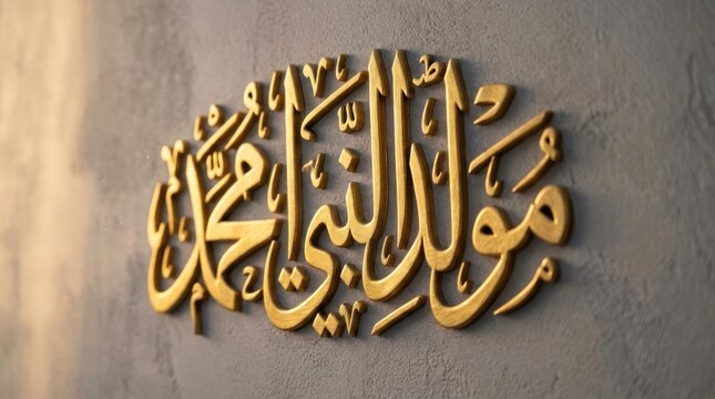 Golden Arabic calligraphy of Mawlid al-Nabi on wall.