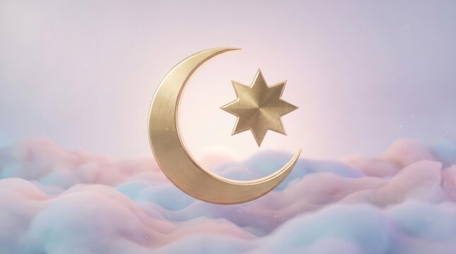 Golden crescent moon and star on soft clouds