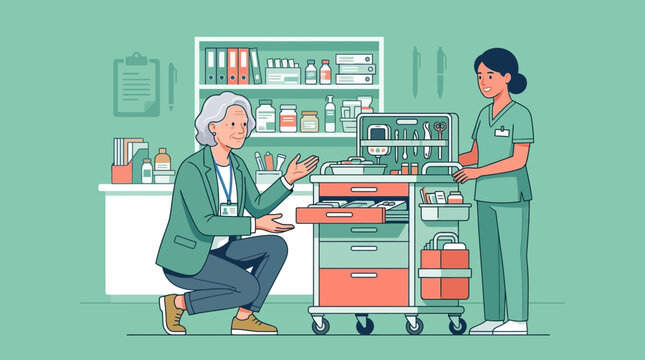 Nurse Demonstrates Medical Cart Contents to Elderly Patient