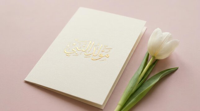 Greeting card with Arabic calligraphy and white tulip.