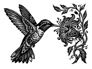Fototapeta premium Hummingbird and floral branch engraving style illustration with a white background