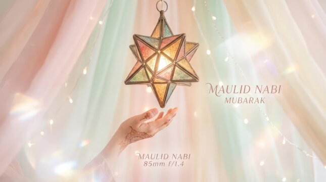 Hand holding star lantern with festive bokeh background.