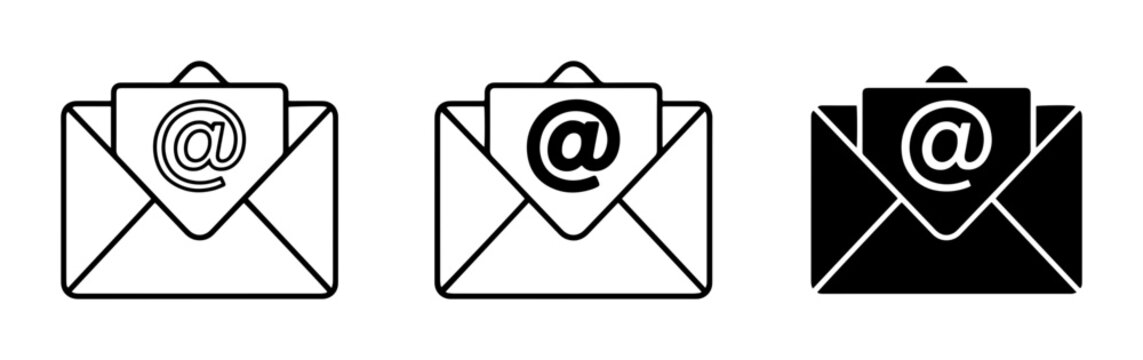 Email Envelope Icons, Digital Communication Symbols, @ Symbol Message Graphics