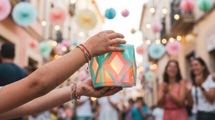 Obraz premium Hands holding colorful paper lantern at festive street celebration.