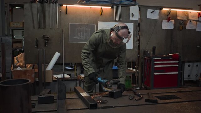Caucasian young adult man wearing protective face shield grinding metal piece with angle grinder in workshop, creating sparks. Footage suits industrial manufacturing and safety training videos