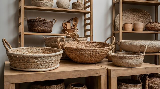  Close up of traditional handmade woven wicker plates and baskets on wood counter