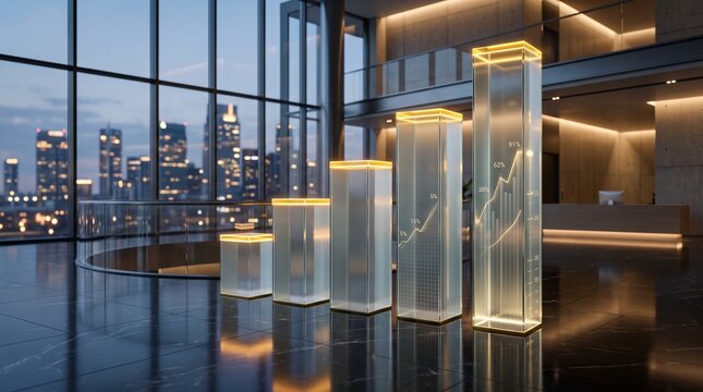 financial growth charts business data visualization futuristic analytics graphs corporate office interior investment success metrics glowing glass pillars stock market trends