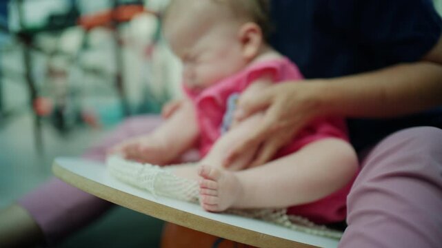 Baby's delicate feet and legs in a pink garment, resting on a flat surface, with a blurred background portraying childhood