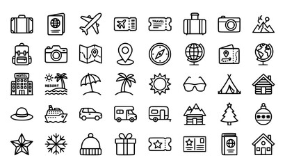 Fototapeta premium Holiday Vacation Travel Season Thin Line Icons Set for Festive Getaways Vector